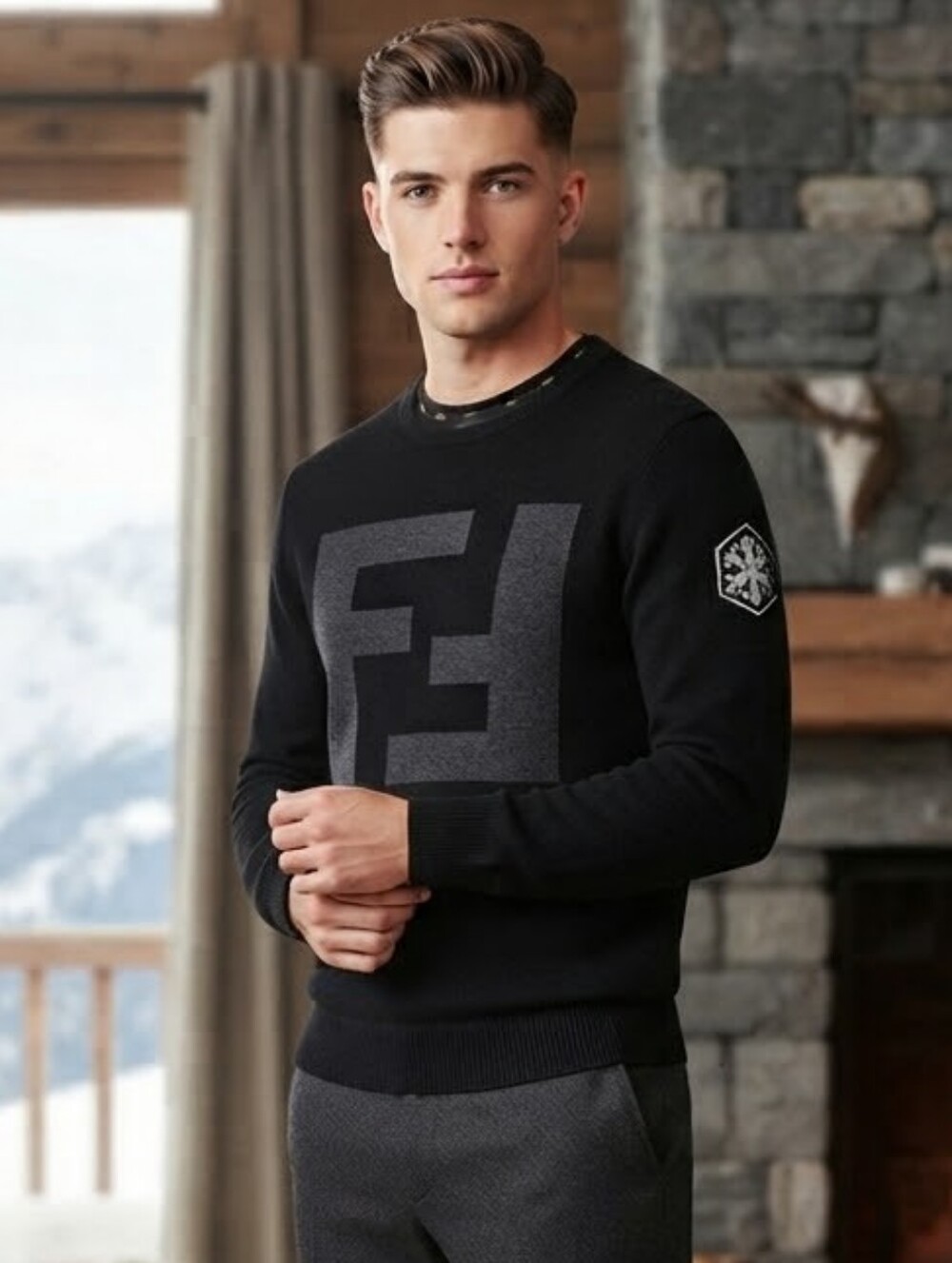 Fendi Men’s Black Wool FF Logo Snowflake Patch Crewneck Sweater Size L